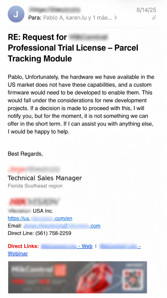 Email exchange with Hikvision requesting a trial license for their package tracking solution